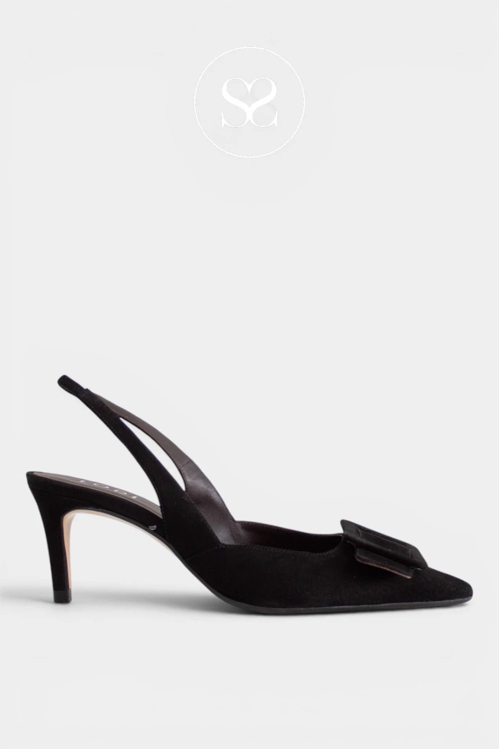  Lodi Nestor slingback court shoe is crafted in rich black suede with a pointed toe and a square buckle detail to the front. Finished with a 6.5cm heel and an elasticated slingback strap, it is designed for occasion wear, party dressing and smarter work days where a lower heel is needed