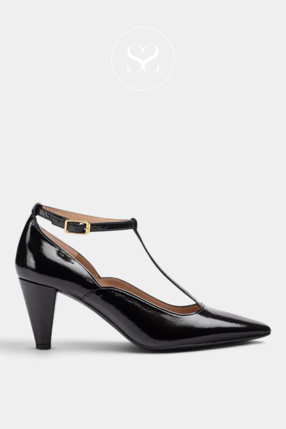 Unisa Black Patent Ankle Strap Pump - Latte for women Ireland
