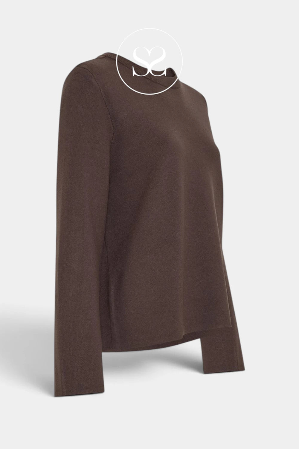 A dark brown long-sleeve knit top with a crew neckline, shown from a three-quarters angle on a light gray background.