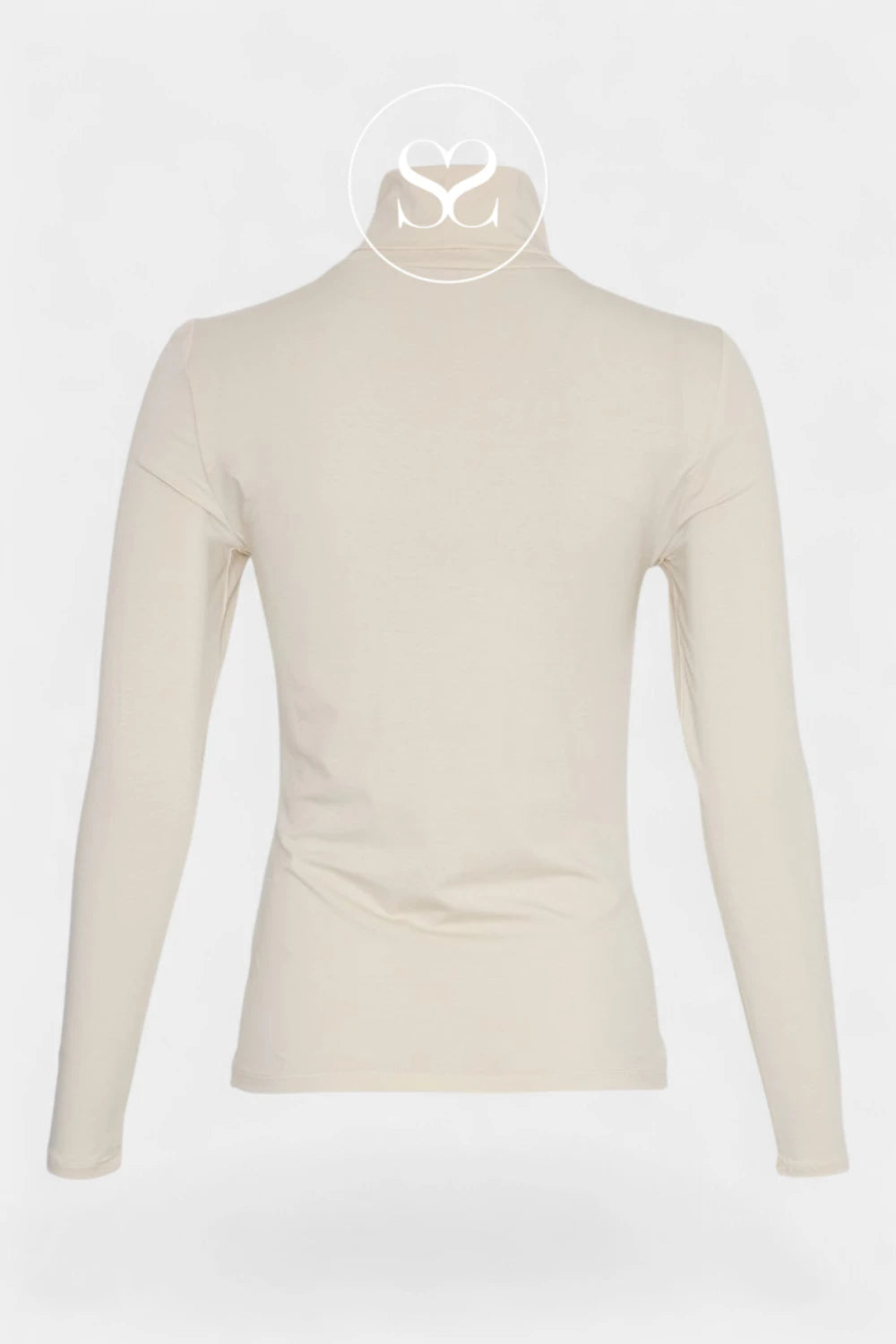 A beige long-sleeve mock neck top displayed on a ghost mannequin against a light gray background.