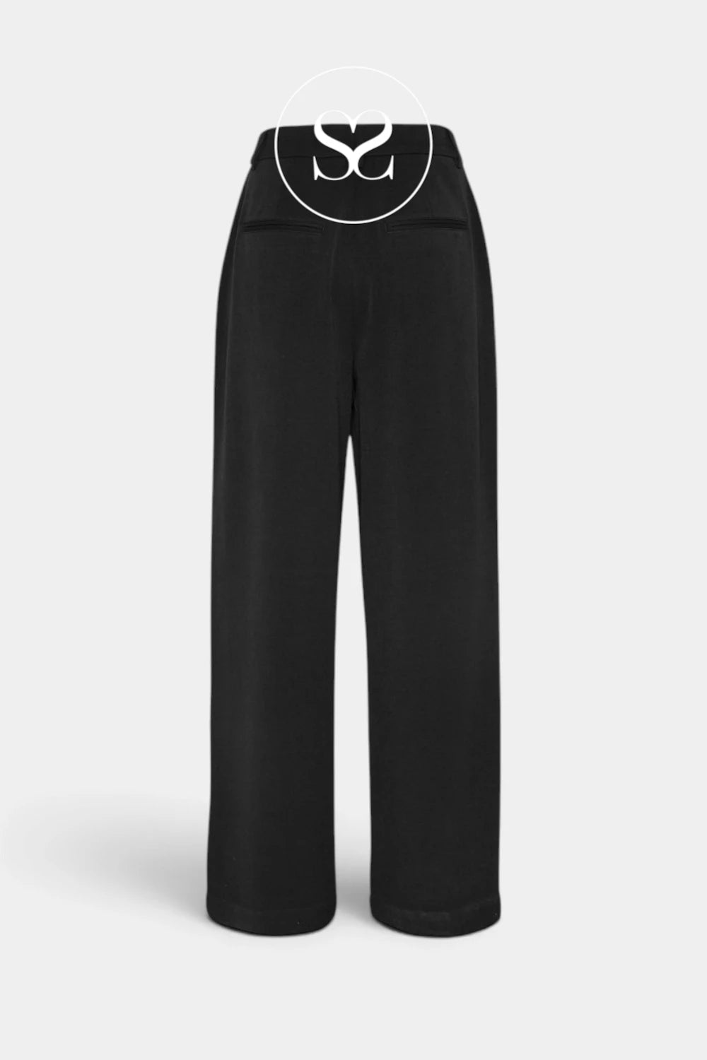 Black wide-leg trousers shown flat against a light gray background, with a white circular graphic overlay near the waistband.