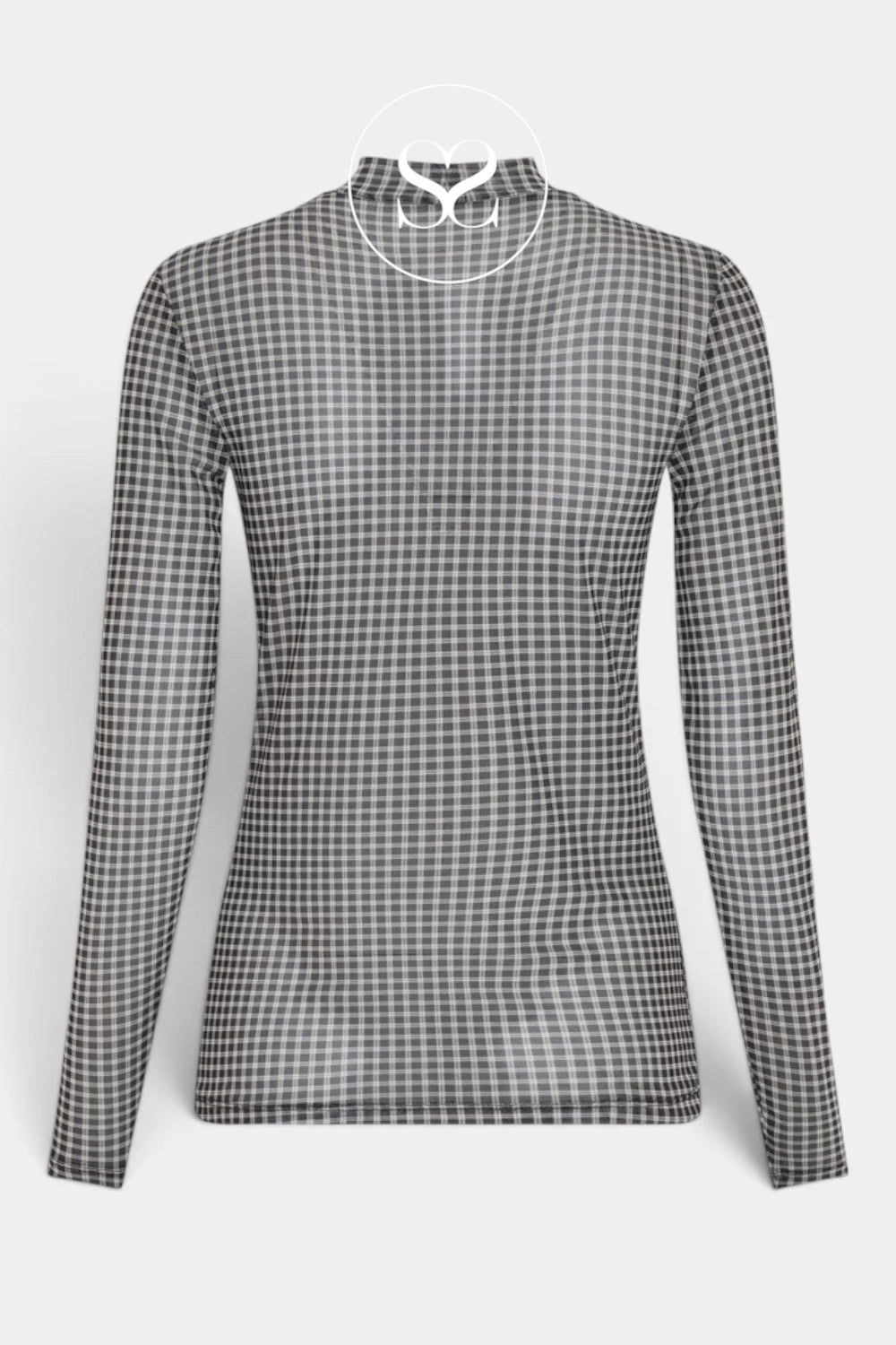 A long-sleeve sheer mesh top with a black and white gingham check pattern, featuring a mock neck with a keyhole cutout and white drawstrings, displayed on a light gray background.