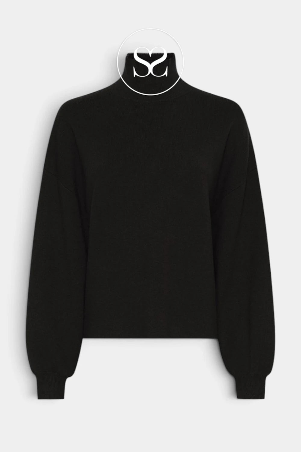 A black long-sleeve mock neck sweater displayed on a white circular hanger against a light gray background.