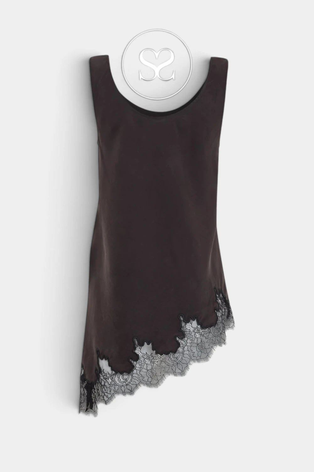A sleeveless dark brown slip dress with a scalloped black lace hem, displayed against a light gray background with a circular brand logo overlay at the top.