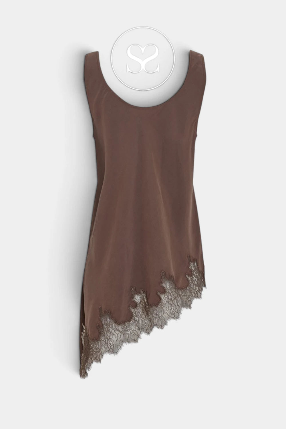A brown sleeveless top with an asymmetrical hem featuring a lace overlay, displayed on a neutral light gray background with a circular logo overlay at the top.