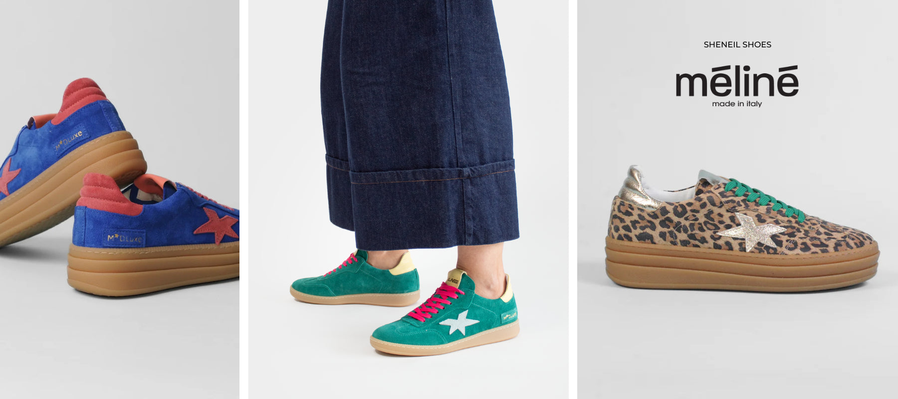 Three pairs of colorful sneakers with a person wearing blue jeans, featuring the Meline brand.