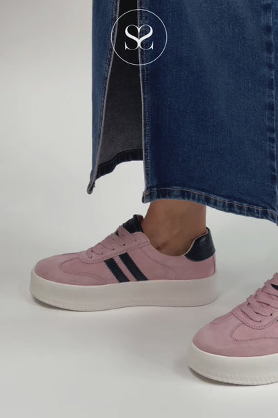 DRILLEYS SEVENTY EIGHT PALE PINK SUEDE LACED TRAINERS WITH WHITE FLATFORM CHUNKY SOLE AND NAVY STRIPE SIDE DETAIL