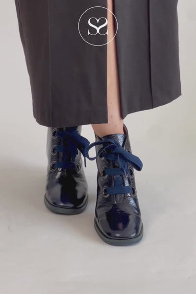 hispanitas navy patent ankle boots with block heel