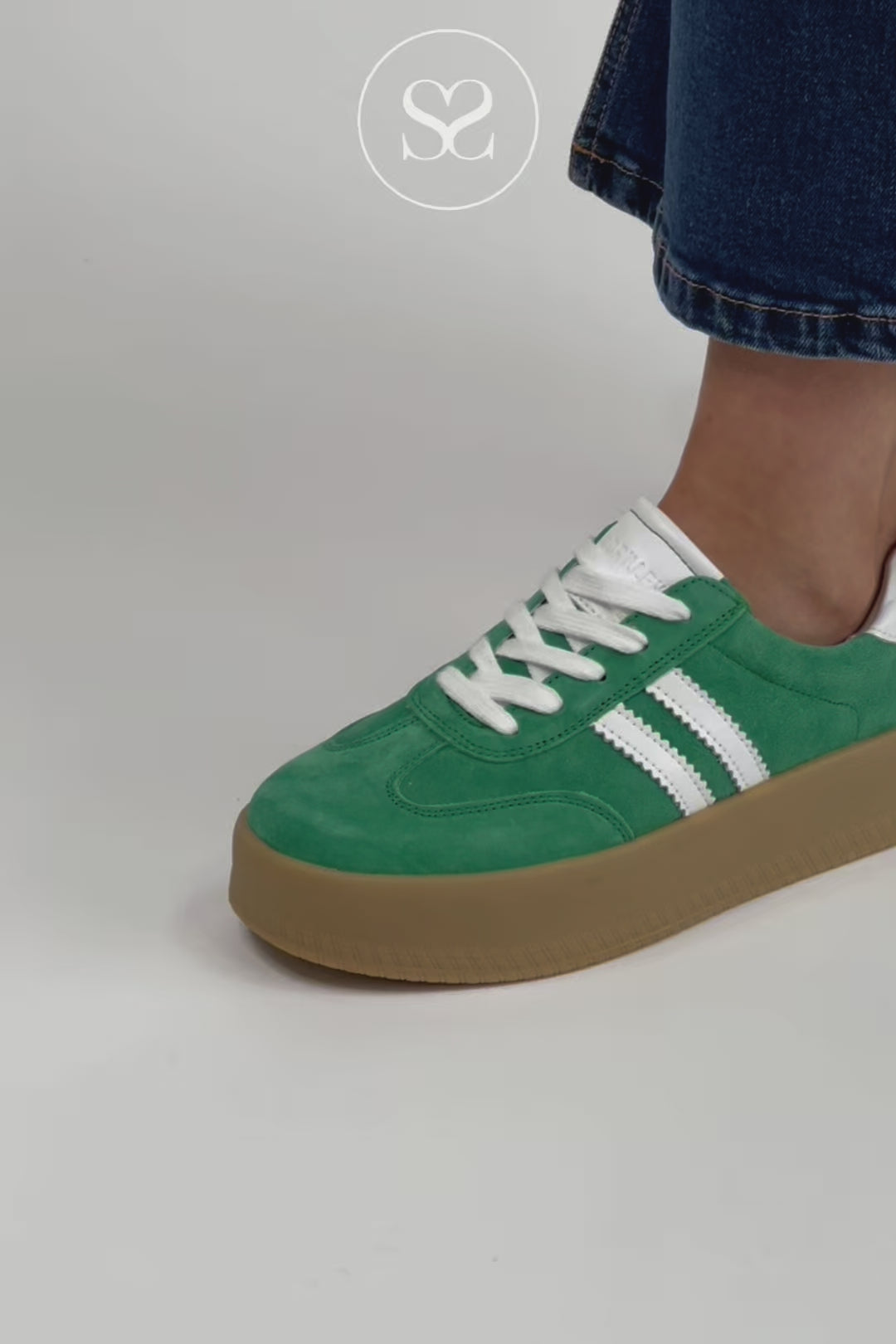 DRILLEYS SEVENTY EIGHT GREEN SUEDE FASHION TRAINER WITH WHITE STRIPES AND CARAMEL FLATFORM 
SOLE