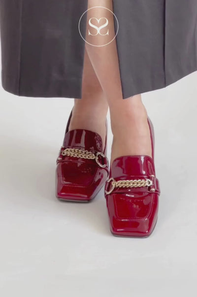 Lodi wine block heel square toe heels with gold buckle | lodi shoes Ireland