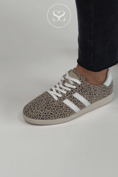 DRILLEYS FIFTY THREE STATEMENT LEOPARD SLIMLINE FASHION TRAINERS WITH WHITE LACES AND SIDE STRIPES
