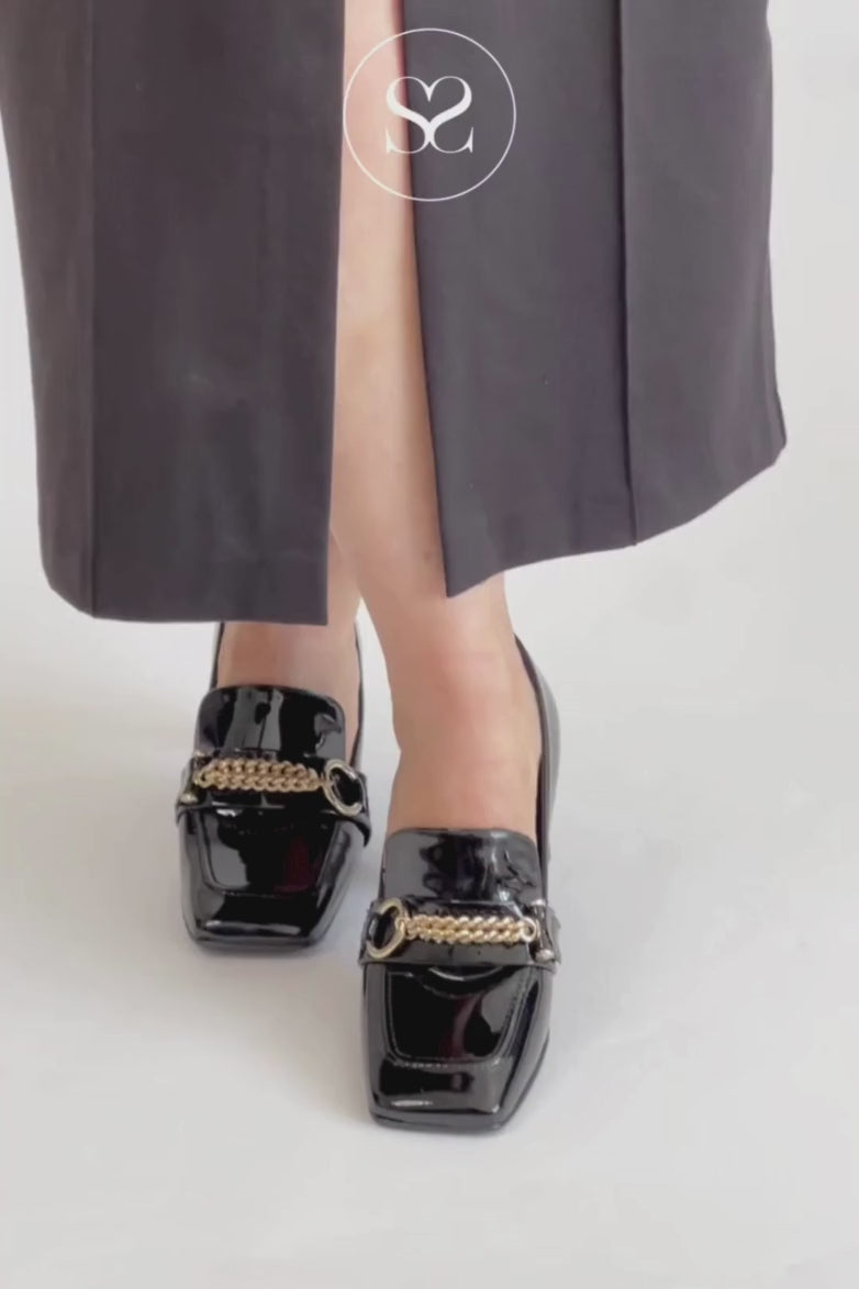 lodi black patent block heel with square toe and buckle detail