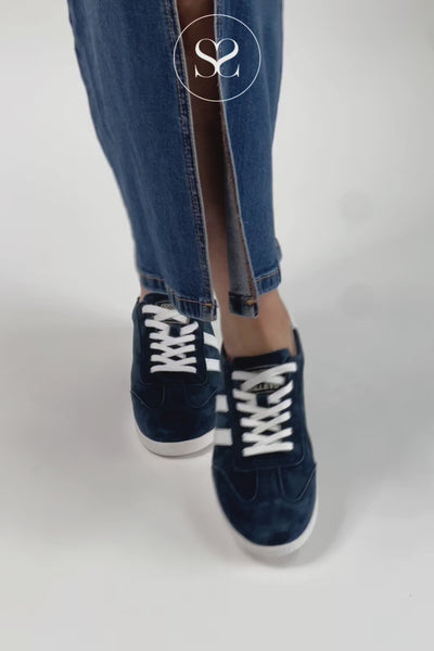 DRILLEYS FIFTY THREE NAVY SUEDE FLAT SLIMLINE FASHION TRAINERS WITH WHITE STRIPES AND LACES
