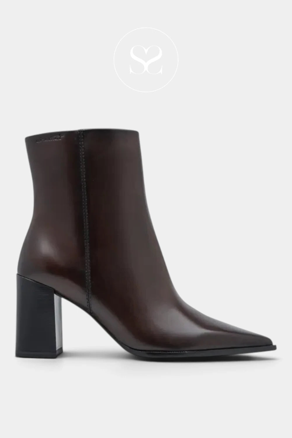 A dark brown leather ankle boot with a pointed toe and a chunky block heel, shown from a side profile on a light gray background.