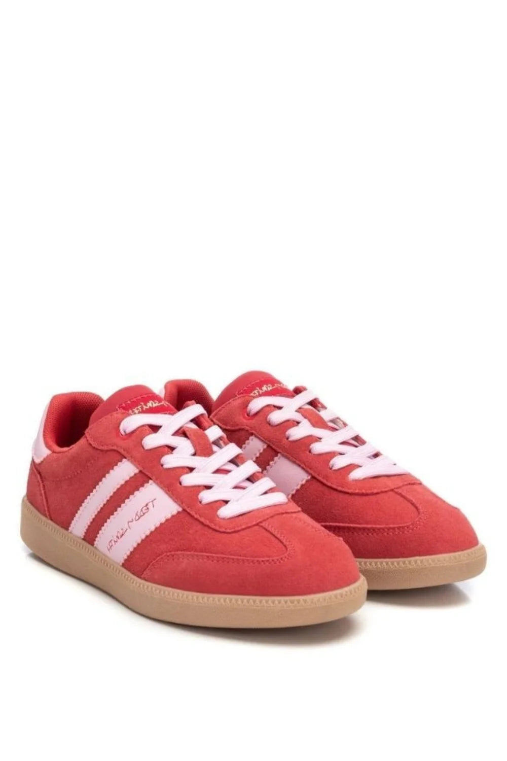 TEDDY SMITH 120123 RED SUEDE LOW PROFILE TRAINERS WITH GUM SOLE AND PALE PINK SIDE STRIPES
