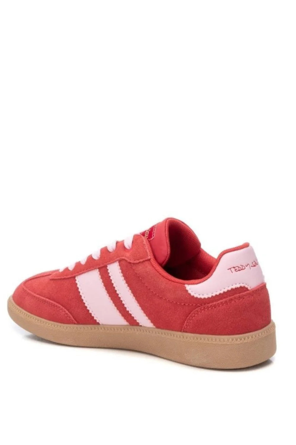 TEDDY SMITH 120123 RED SUEDE LOW PROFILE TRAINERS WITH GUM SOLE AND PALE PINK SIDE STRIPES
