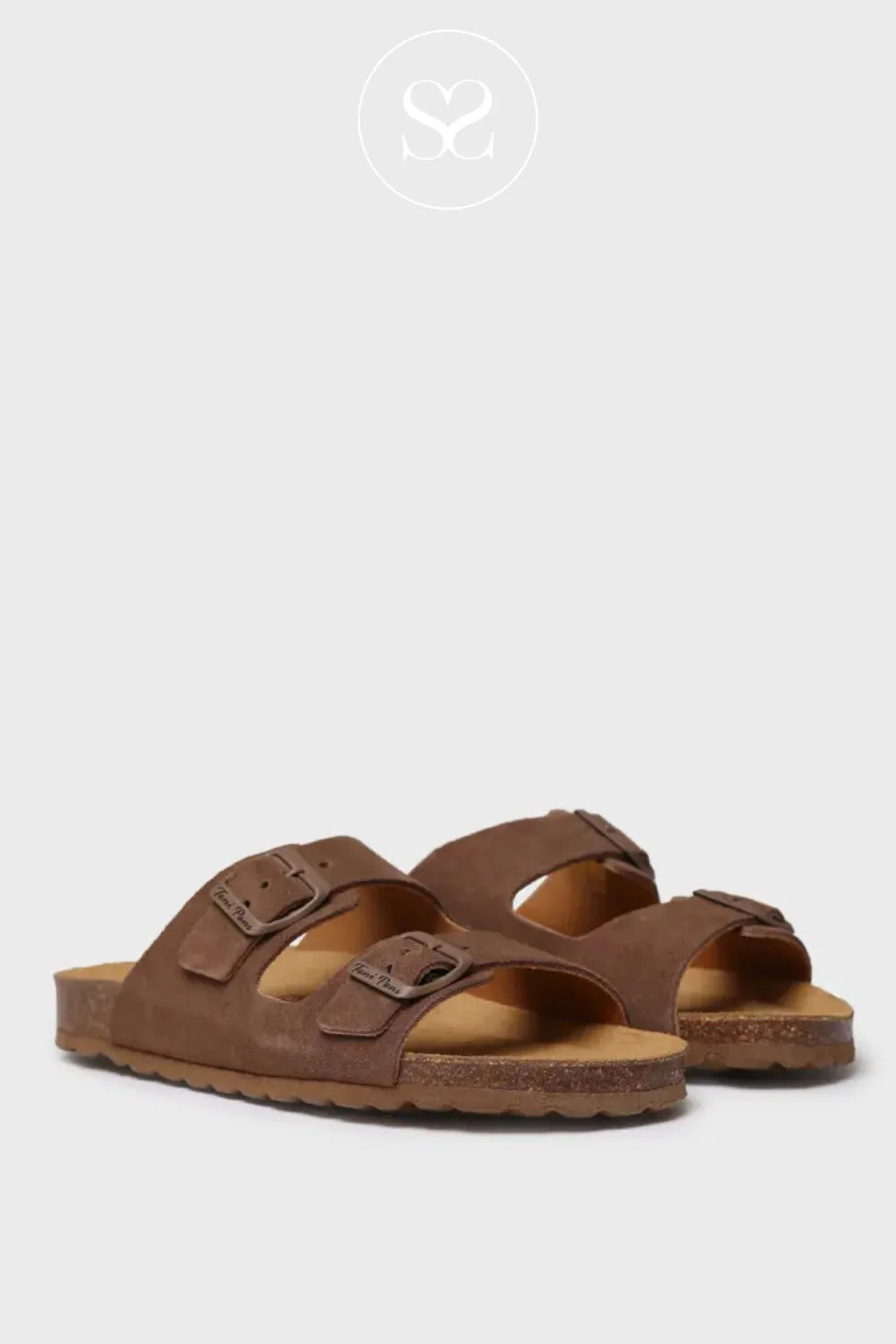 Toni Pons taupe slip on style slider sandals with double strap adjustable buckles. Rubber sole, cloth footbed. Birkenstock style sandals.