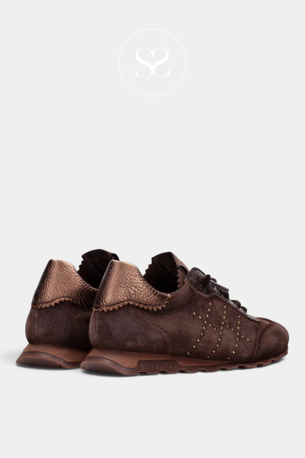 A pair of dark brown suede and textured leather sneakers shown from a three-quarters rear angle against a light gray background.