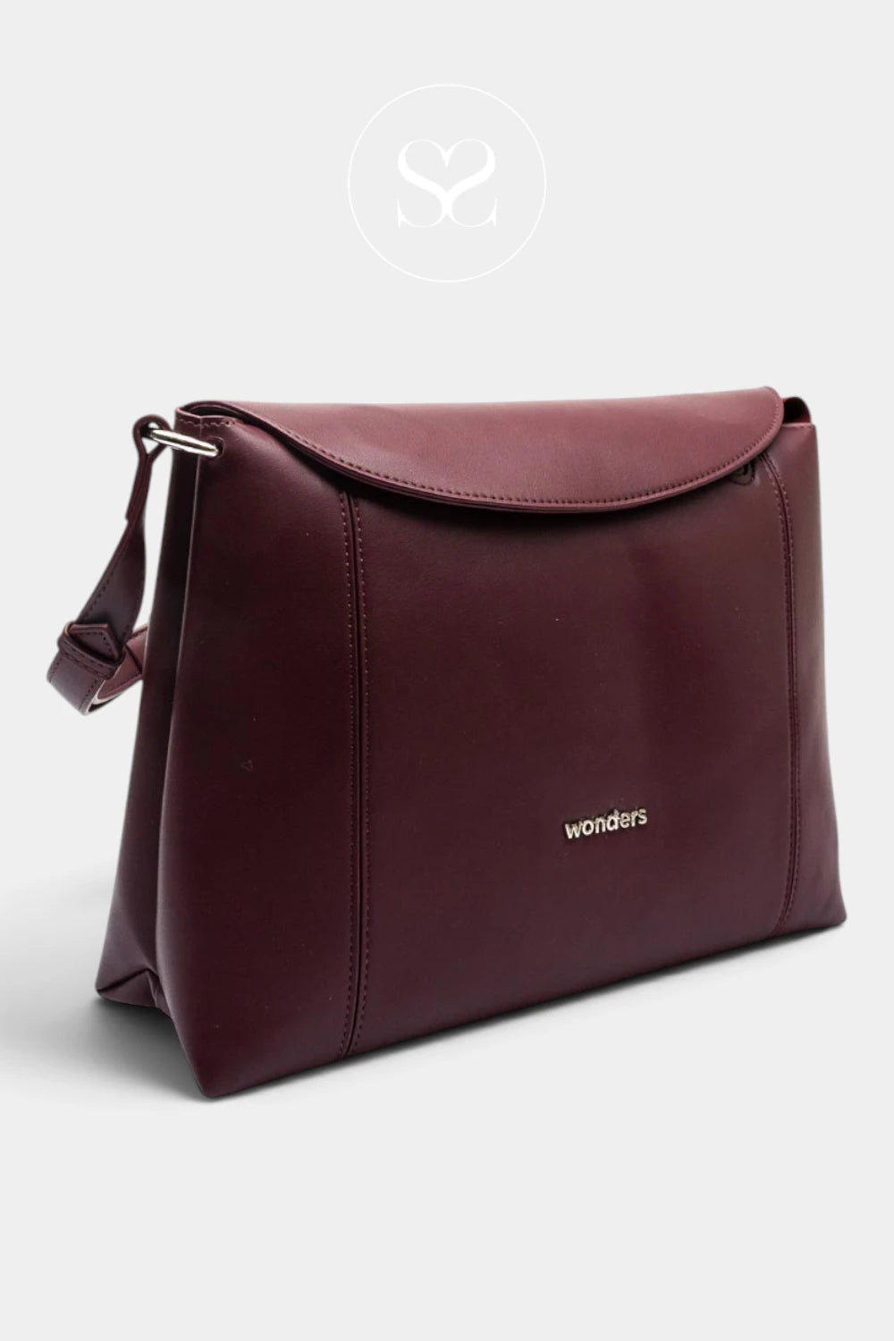 A burgundy leather crossbody bag with a small silver 'wonders' logo on the front, displayed on a light gray background with a faint watermark logo at the top.