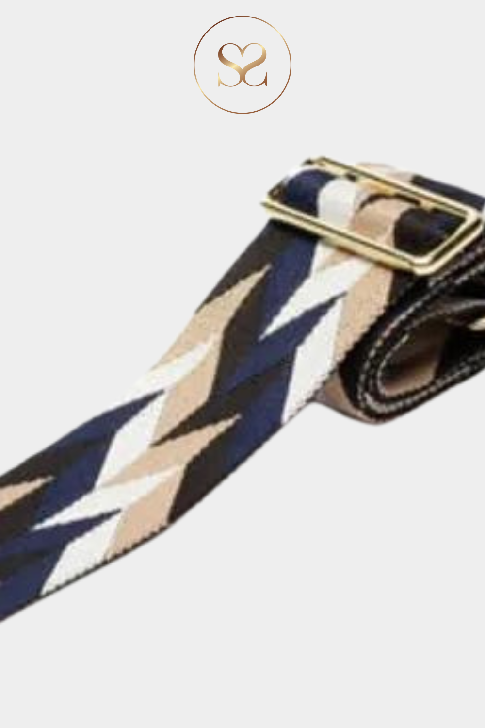 ELIE BEAUMONT CROSSBODY STRAP IN MOSAIC PRINT. NAVY, BLACK, WHITE AND BEIGE COLOUR STRAP