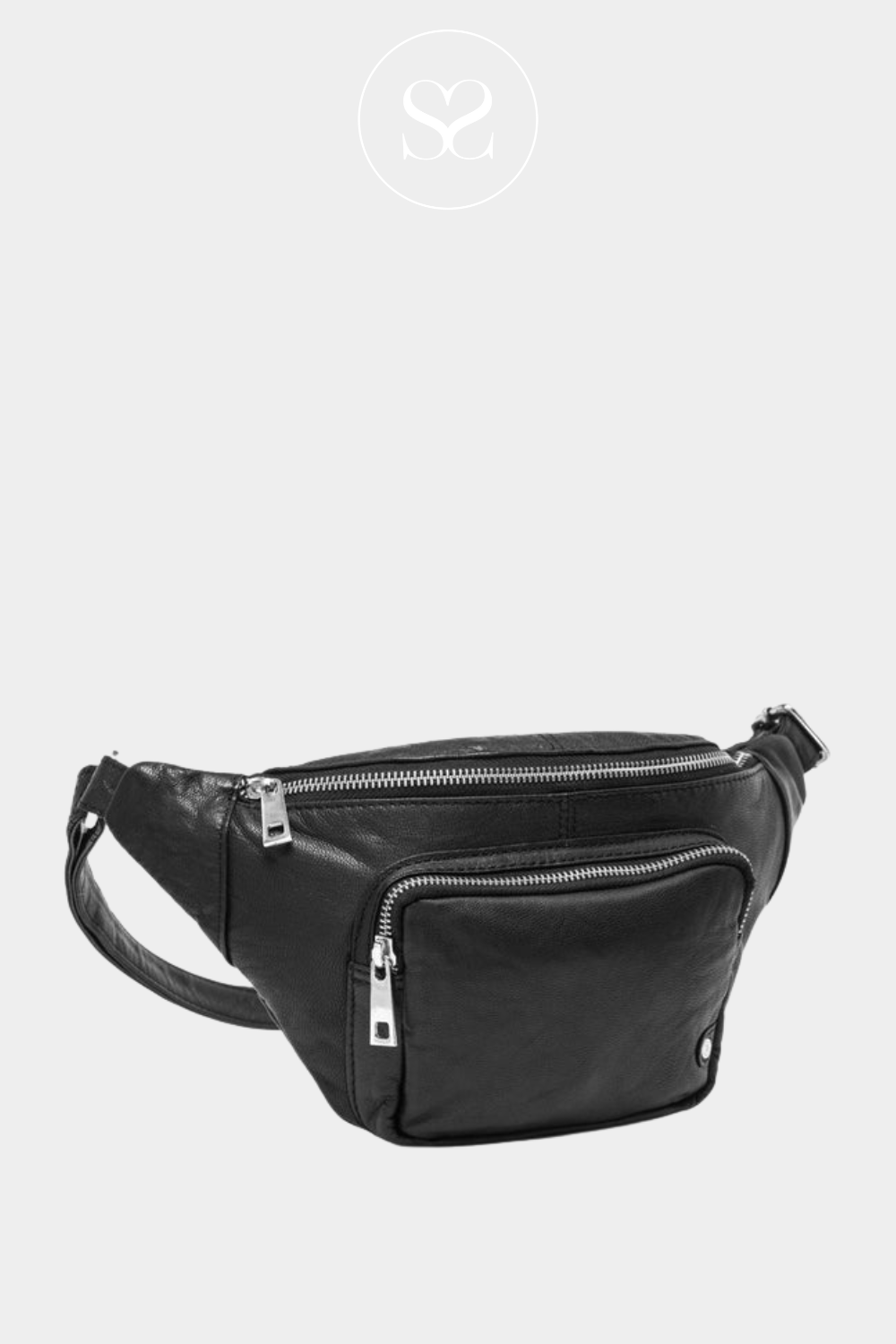 DEPECHE 13396 LEATHER BLACK BUMBAG WITH SILVER HARDWARE AND SMALL FRONT POCKET
