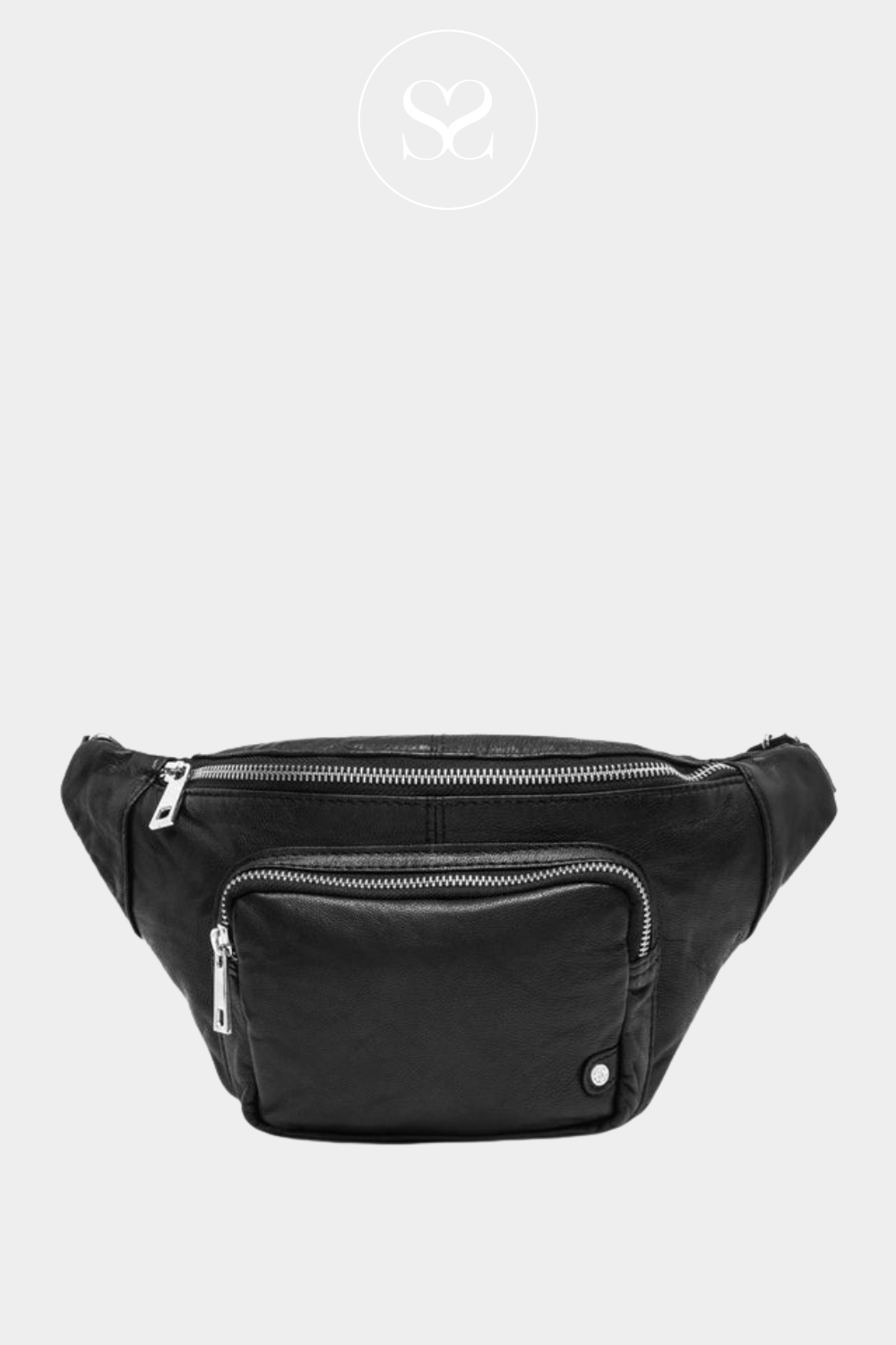 DEPECHE 13396 LEATHER BLACK BUMBAG WITH SILVER HARDWARE AND SMALL FRONT POCKET
