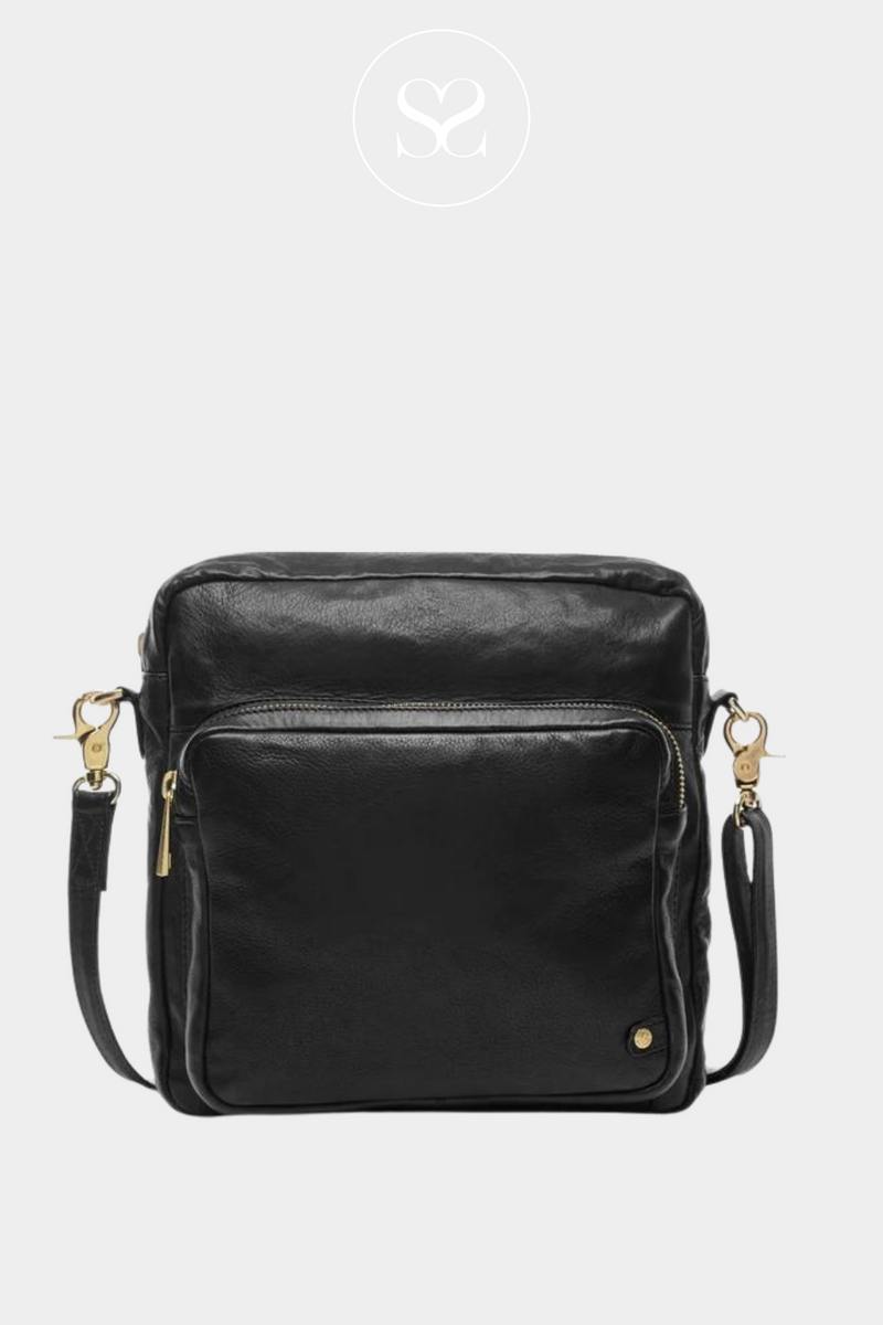 DEPECHE 13606 BLACK LEATHER CROSSBODY BAG WITH GOLD HARDWARE AND FRONT ZIP POCKET