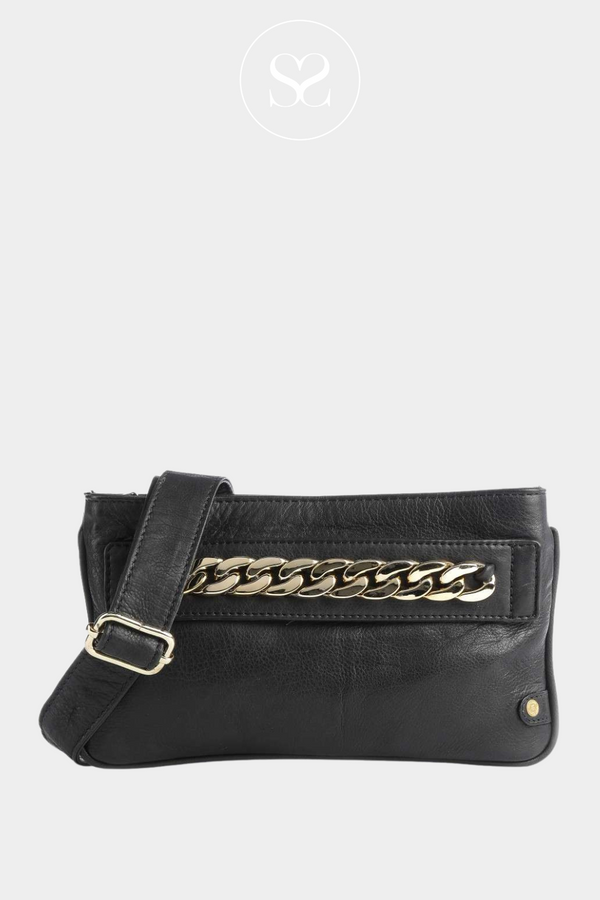DEPECHE BLACK LEATHER CROSSBODY BAG WITH GOLD CHAIN DETAIL. SIMILAR DESIGN TO VICTORIA BECKHAM BAG