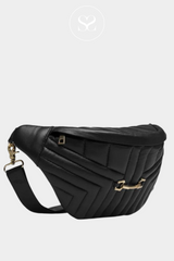 DEPECHE 15526 BLACK LEATHER BUMBAG WITH PADDING AND SMALL GOLD BUCKLE