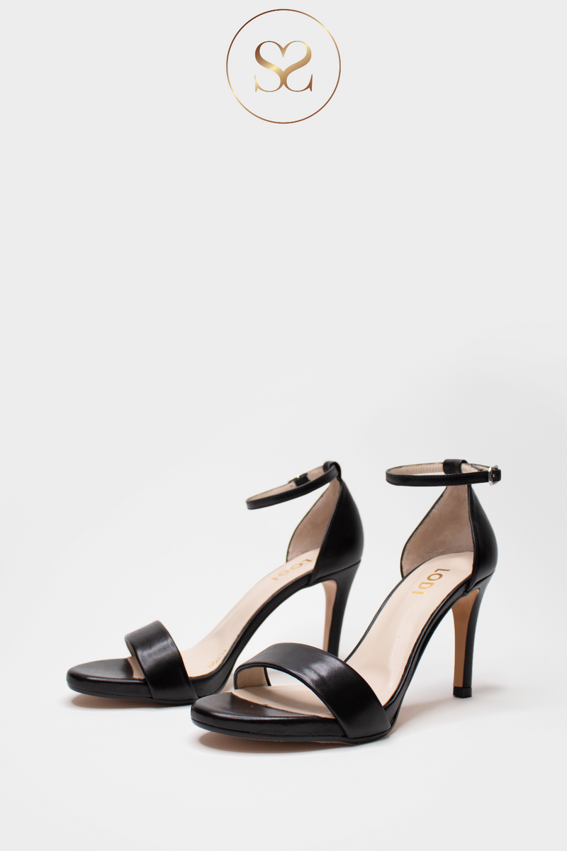 HIGH HEELS FROM LODI IN BLACK LEATHER. CLASSIC BARELY THERE SANDAL