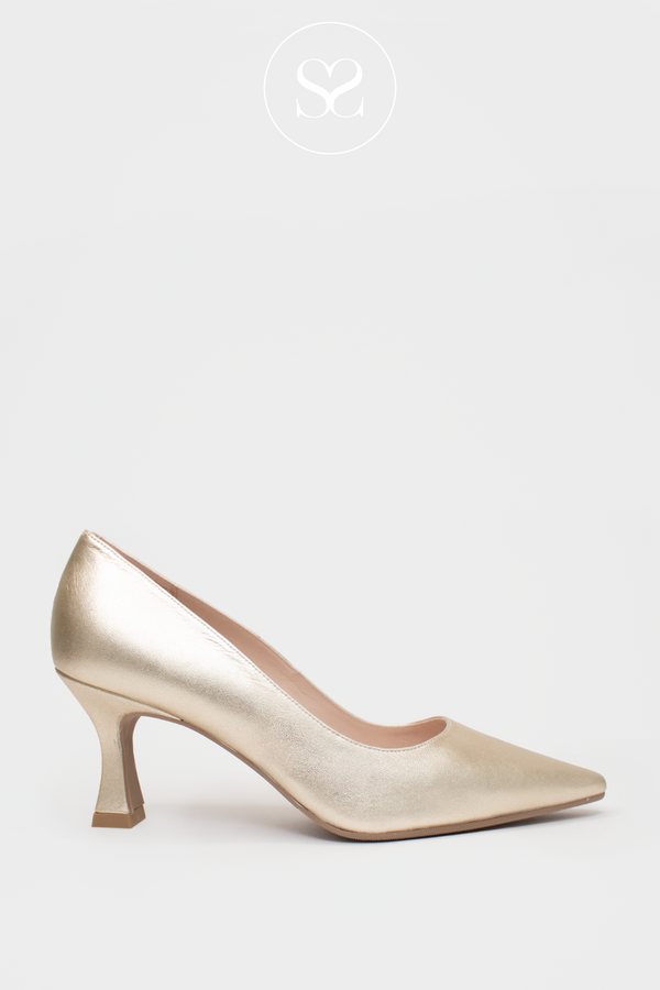 LODI JONA GOLD COURT SHOE MID HEEL WITH POINTED TO AND LOW FLARED HEEL