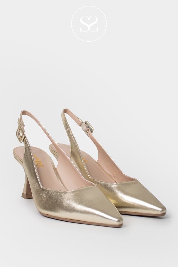 LODI SLING BACK MID HEELS IN GOLD LEATHER