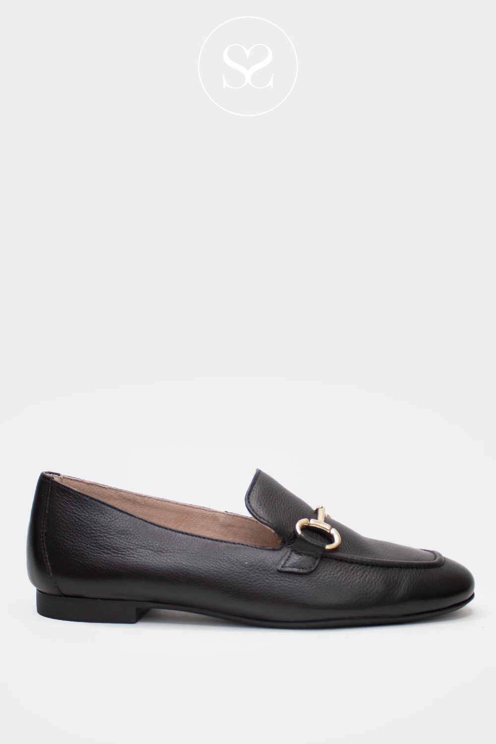 PAUL GREEN 2596 FLAT PLAIN BLACK LEATHER LOAFERS WITH GOLD CHAIN