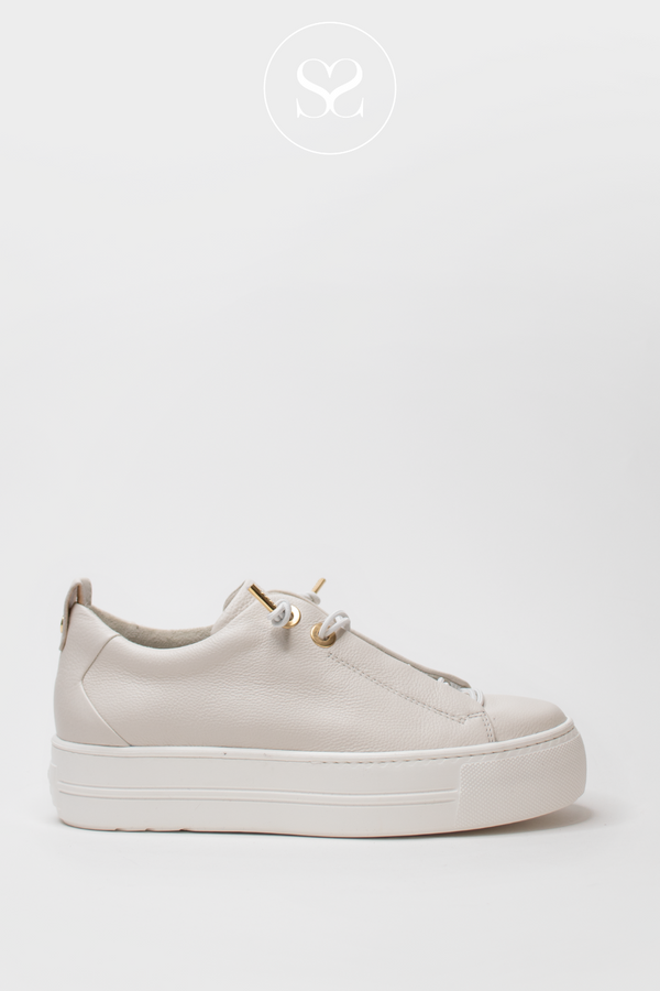 SLIP ON TRAINER STYLE FROM PAUL GREEN IN A SOFT OFF WHITE. COMES WITH A FLATFORM SOLE AND GOLD FINISHINGS. PAUL GREEN SHOE STYLE: 5017
