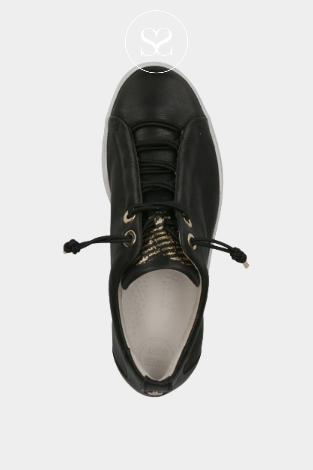 BLACK LEATHER PULL ON TRAINER FROM PAUL GREEN. THIS STYLE HAS A PLATFORM SOLE AND SUBTLE GOLD DETAILING FOR A DRESSY TRAINER STYLE.