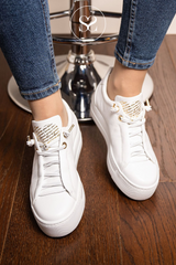 PAUL GREEN 5017 PLAIN WHITE ELASTICATED LACE PLATFORM TRAINERS WITH GOLD EYELETS