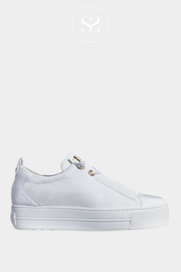 PAUL GREEN 5017 PLAIN WHITE ELASTICATED LACE PLATFORM TRAINERS WITH GOLD EYELETS