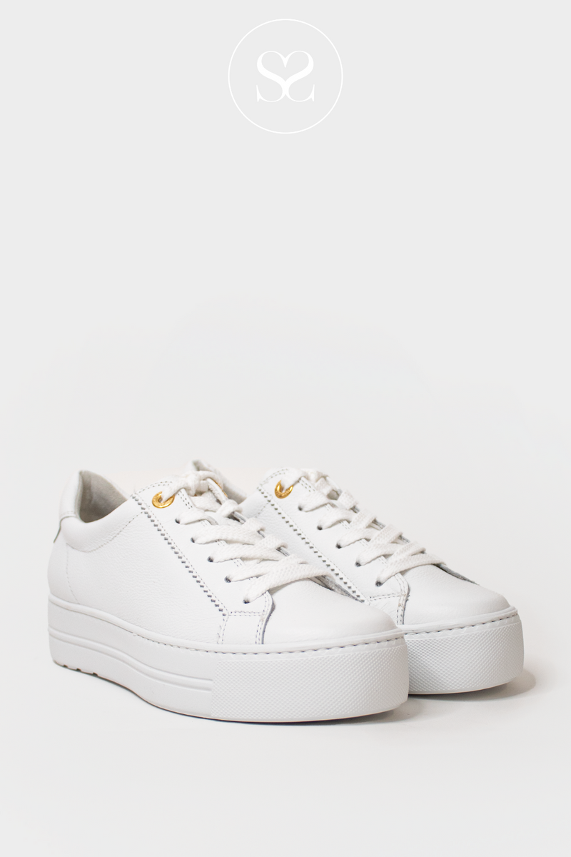 PAUL GREEN 5241 PLAIN WHITE PLATFORM TRAINERS WITH WHITE LACES